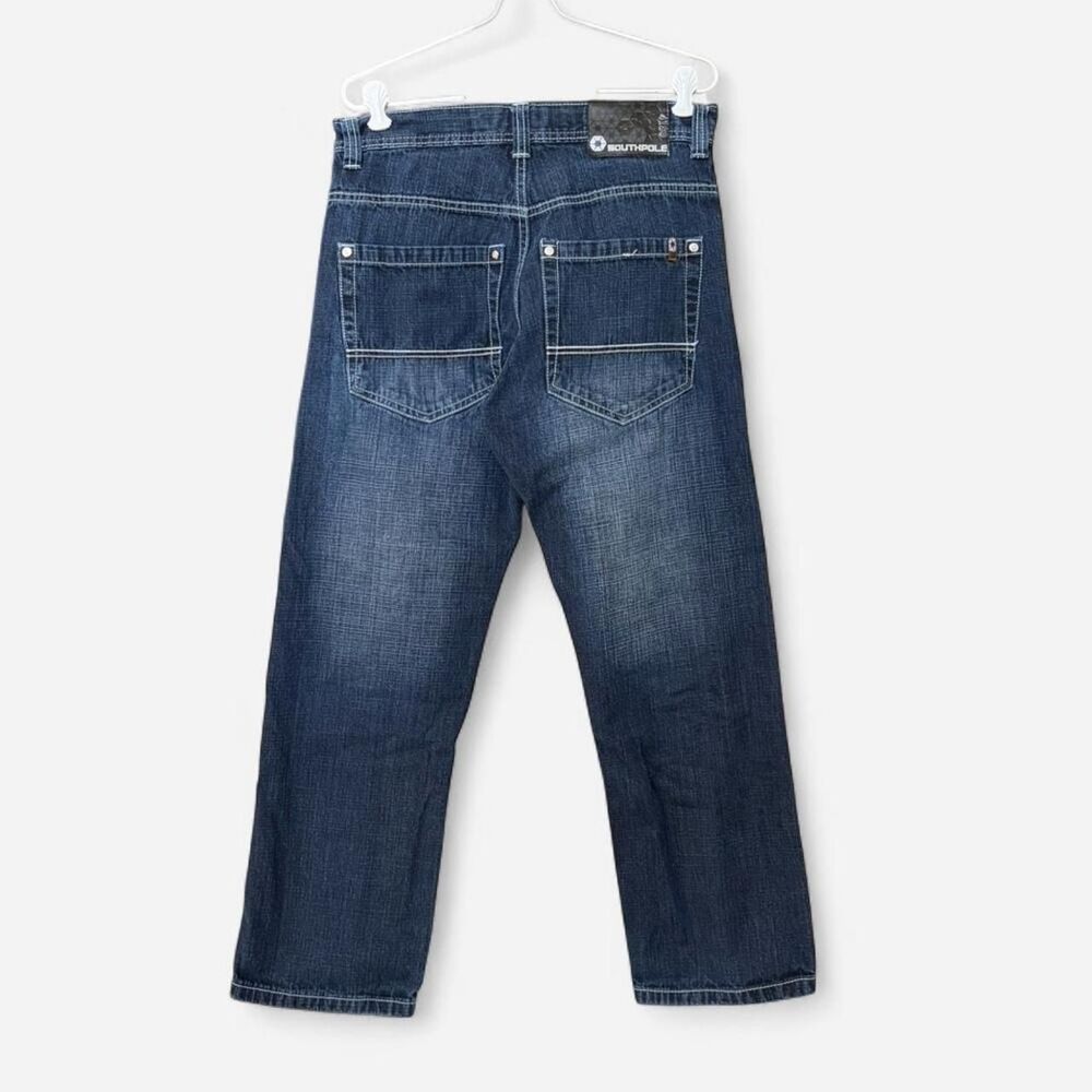 Y2K Southpole brown tab baggy jeans faded dark blue wash wide leg relaxed fit